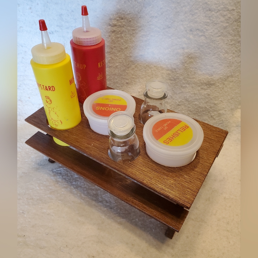 Redwood Picnic Table Vtg Condiment Set, 7 Pcs
